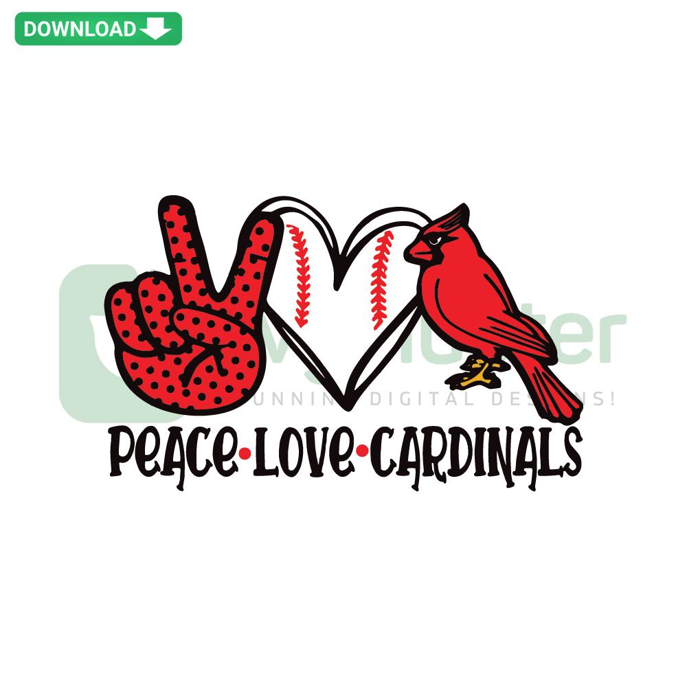 Peace Love Cardinals Baseball SVG Clip Art: Hand-drawn heart, peace sign, and Cardinals logo in bold colors, digital download.