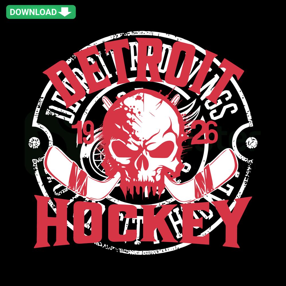 Detroit Hockey Skull SVG: Bold NHL-themed digital design featuring a skull with hockey sticks, perfect for wall art or custom prints.