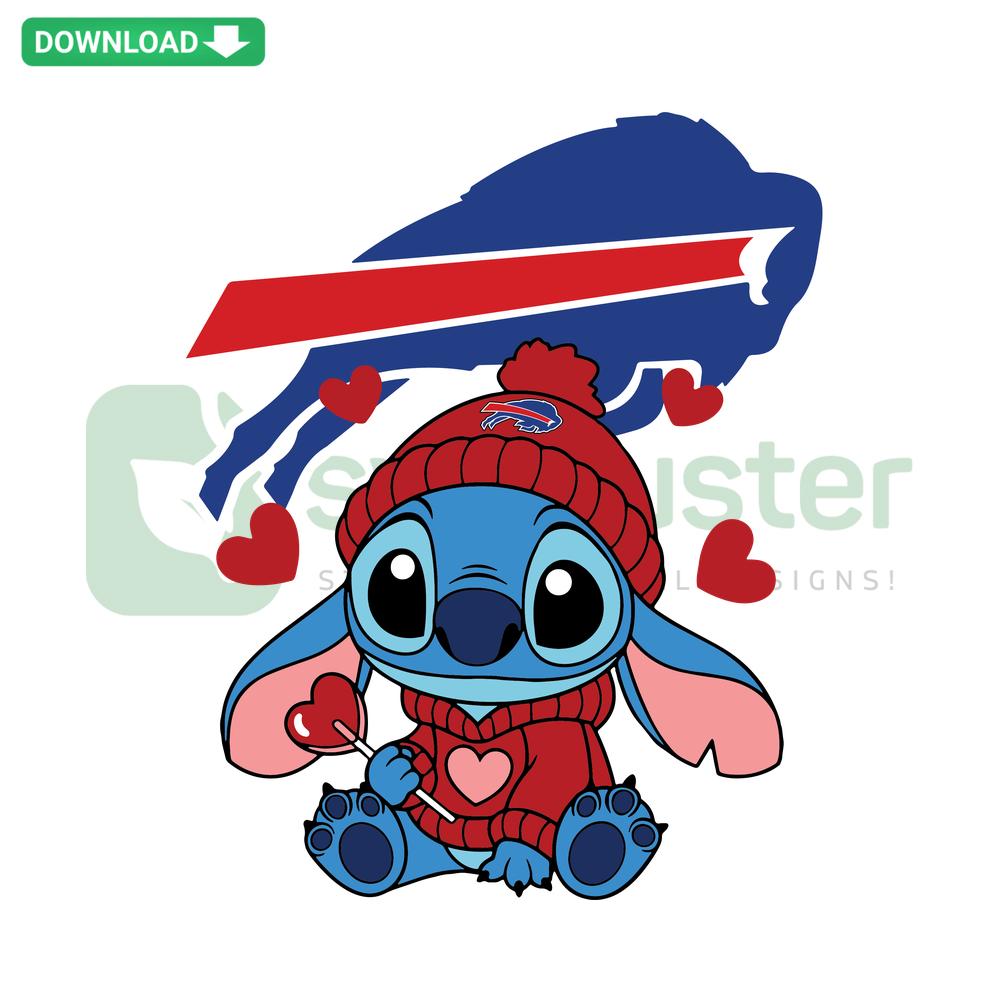 Buffalo Bills logo with Stitch and Valentine candy heart, high-res SVG design, perfect for sports and holiday crafting.