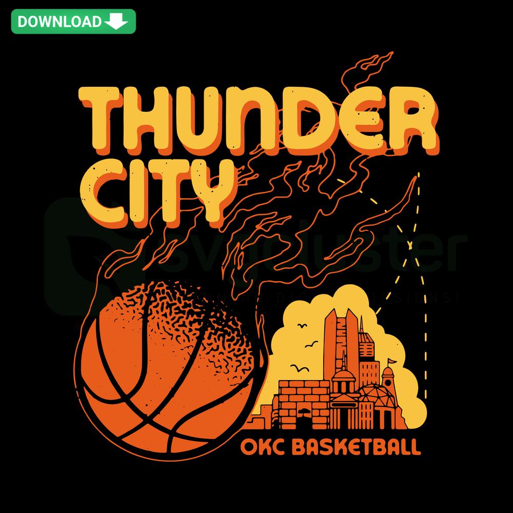 Thunder City Basketball NBA SVG Digital Download, featuring dynamic basketball graphic with vibrant thunderbolt elements, SVGCluster.