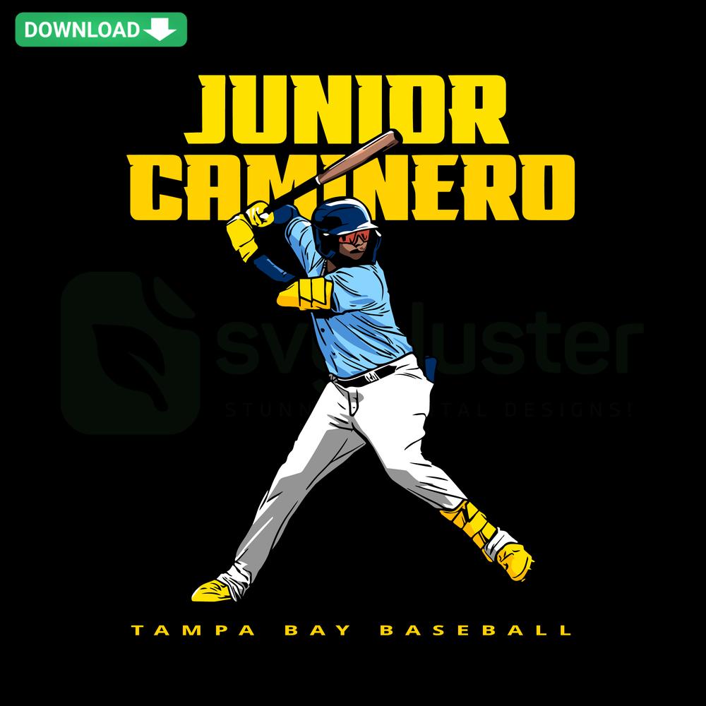 Junior Caminero Tampa Bay Rays SVG, printable digital asset featuring player silhouette and team colors for Cricut projects.
