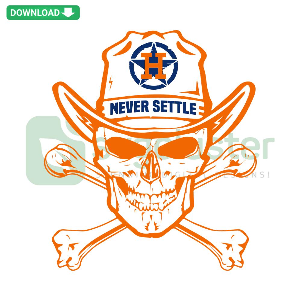 Houston Astros Skull Never Settle SVG design featuring a skull with baseball elements, perfect for printable crafts and fan memorabilia.