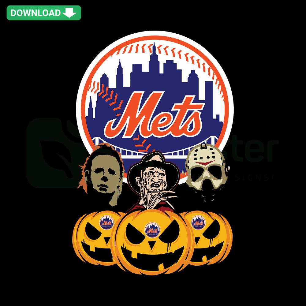 New York Mets Halloween Pumpkin SVG, horror movie theme, includes SVG templates for Cricut, perfect for Mets fans crafting.