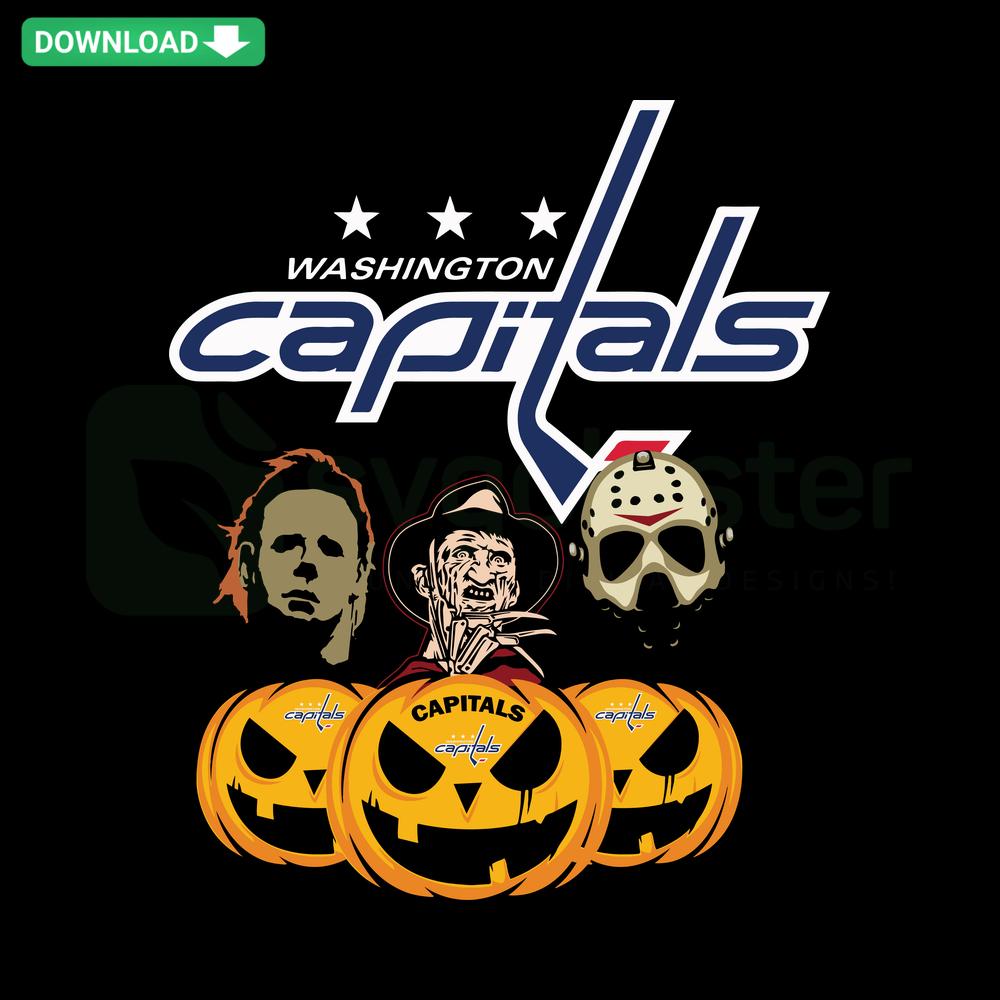 Washington Capitals Halloween Pumpkin SVG, horror movie theme, cuttable files for Cricut crafts, NHL logo with spooky design.