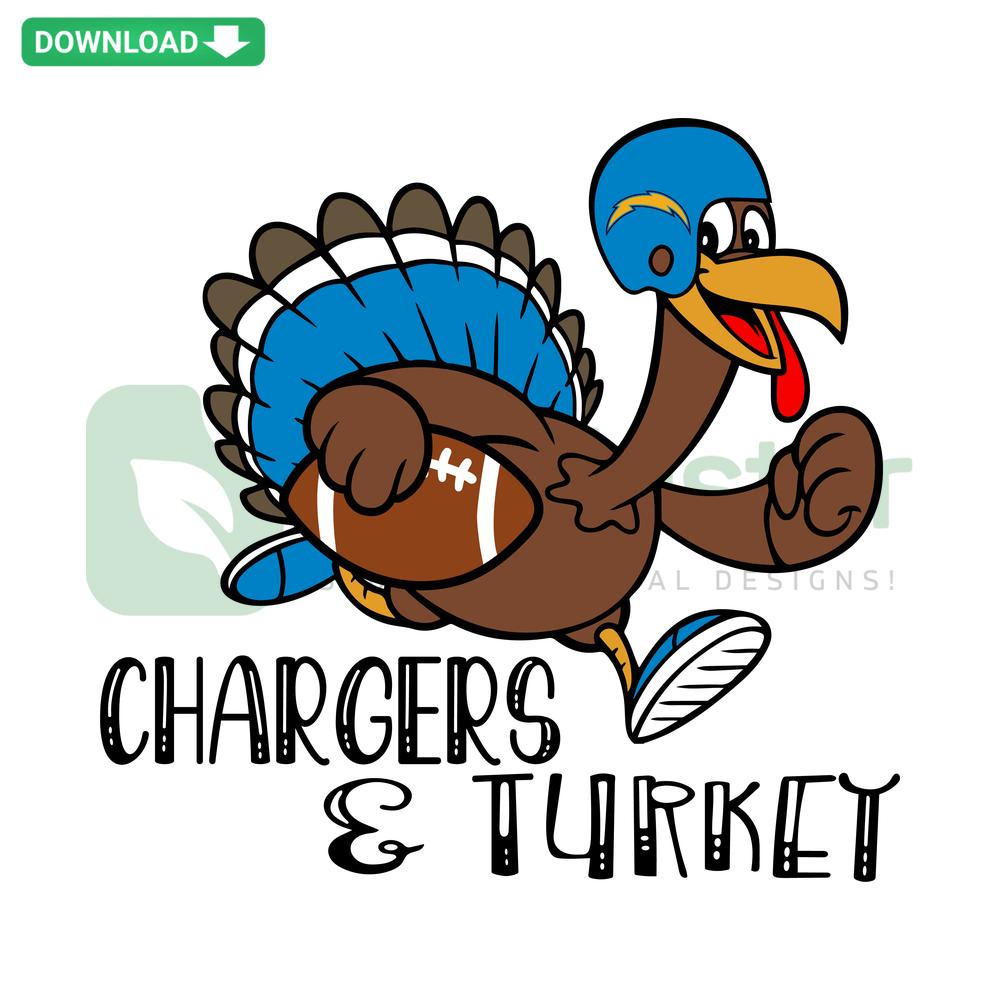 Chargers Football Turkey SVG, digital download for designers; festive Thanksgiving design with football helmet on turkey.
