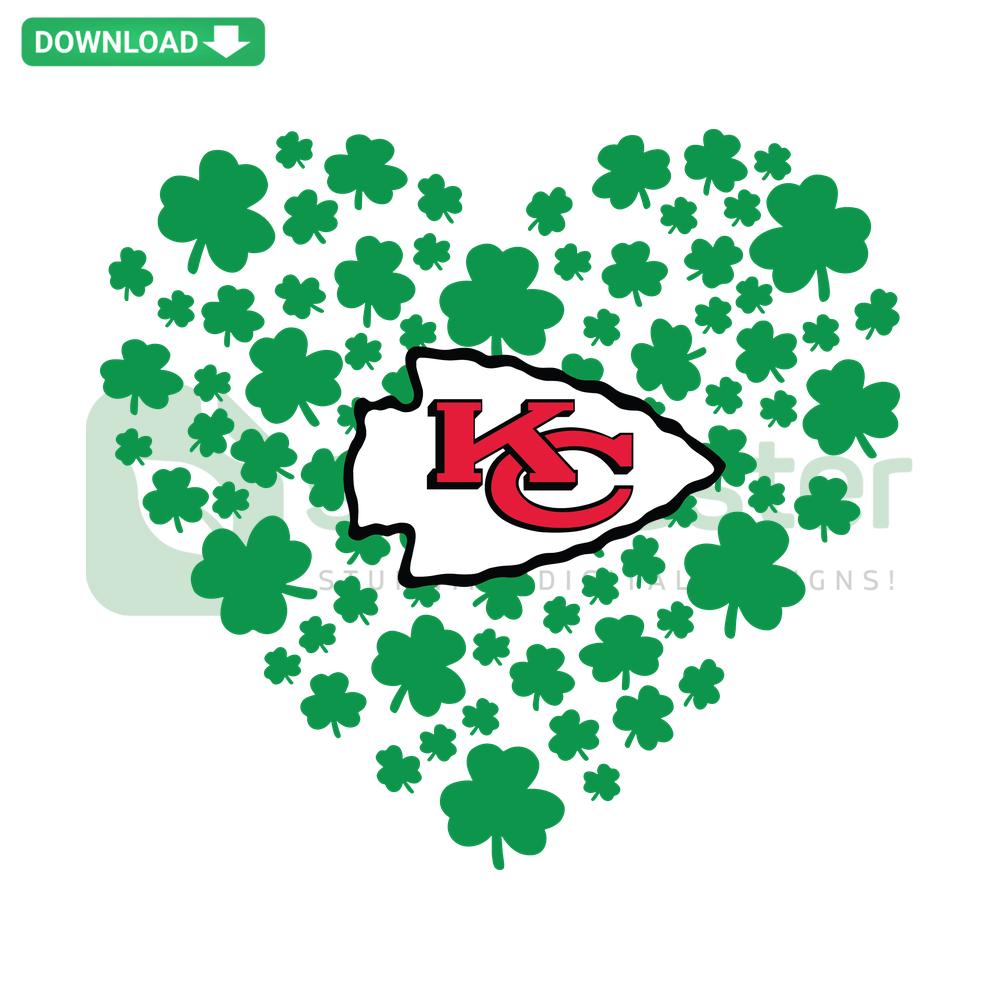 Kansas City Chiefs Clover Leaf St Patrick Day SVG, perfect for festive crafts, featuring green clover leaf design with team logo.