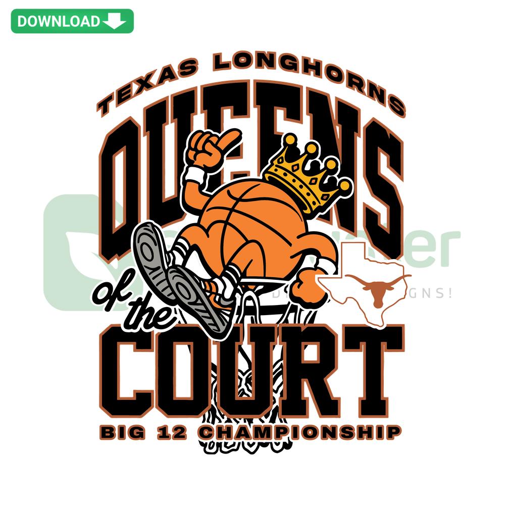 Texas Longhorns Queens Of The Court Big 12 Championship SVG: Bold, sporty graphic perfect for designers, featuring iconic longhorns.