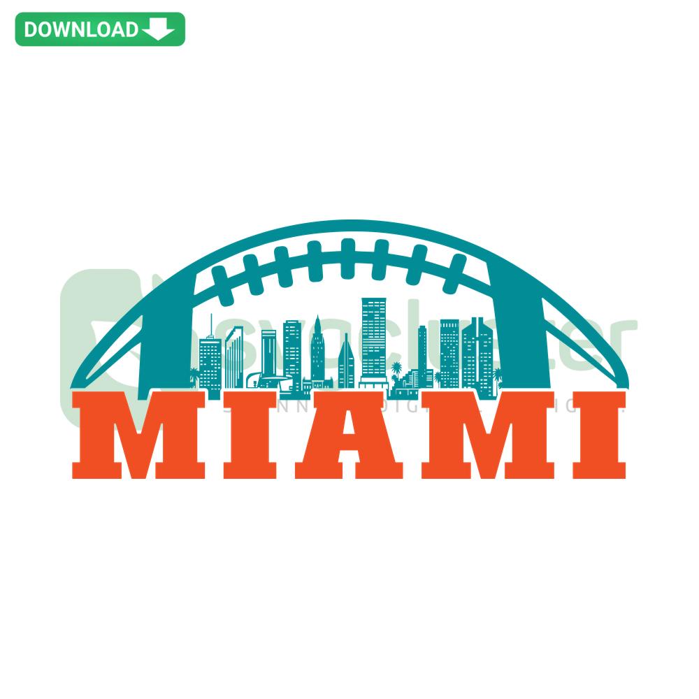 Miami Football Skyline SVG Download, featuring Miami skyline and football elements, SVGCluster Digital Assets, vibrant and detailed design.