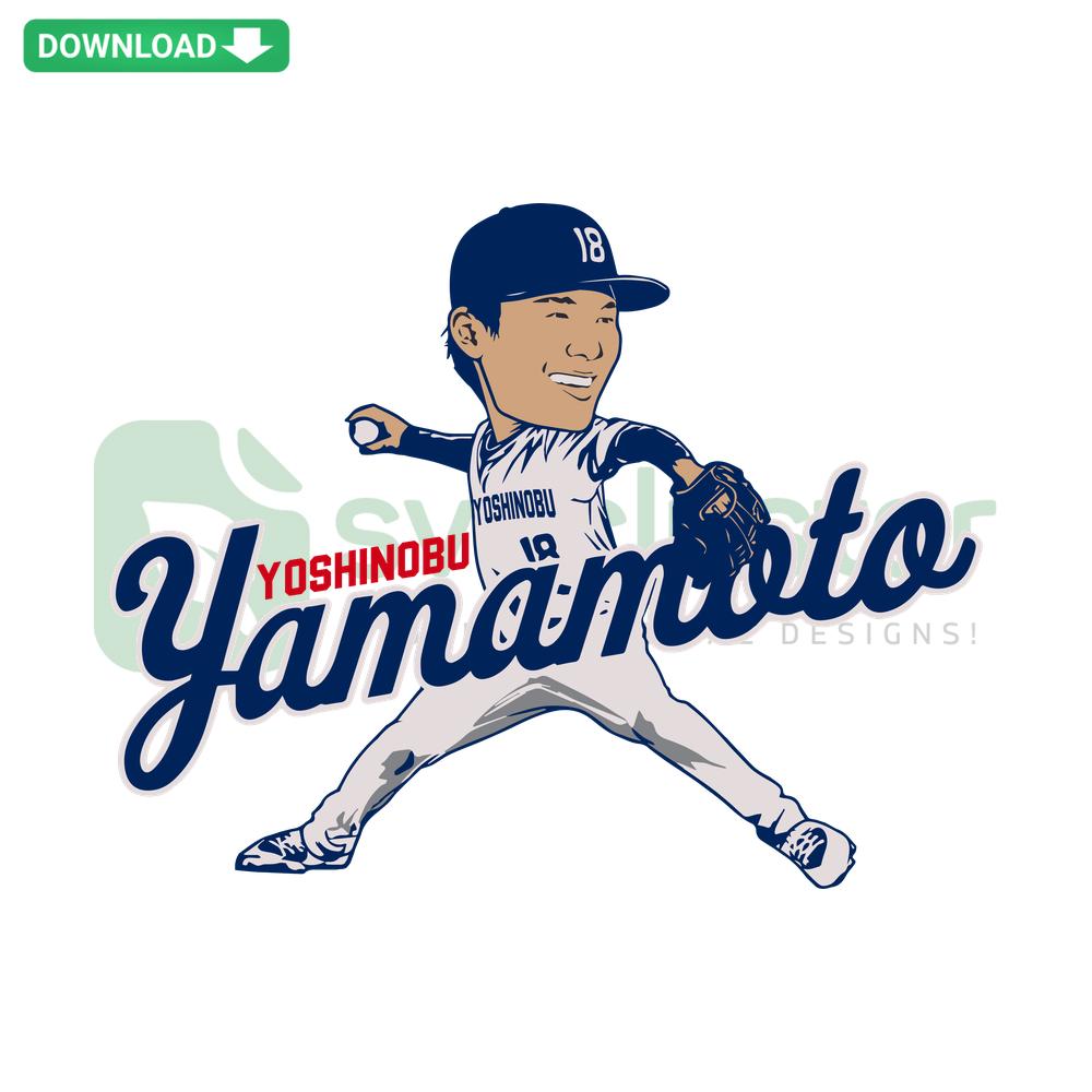 Yoshinobu Yamamoto caricature in Los Angeles Dodgers uniform SVG, perfect digital design for sports fans and designers.