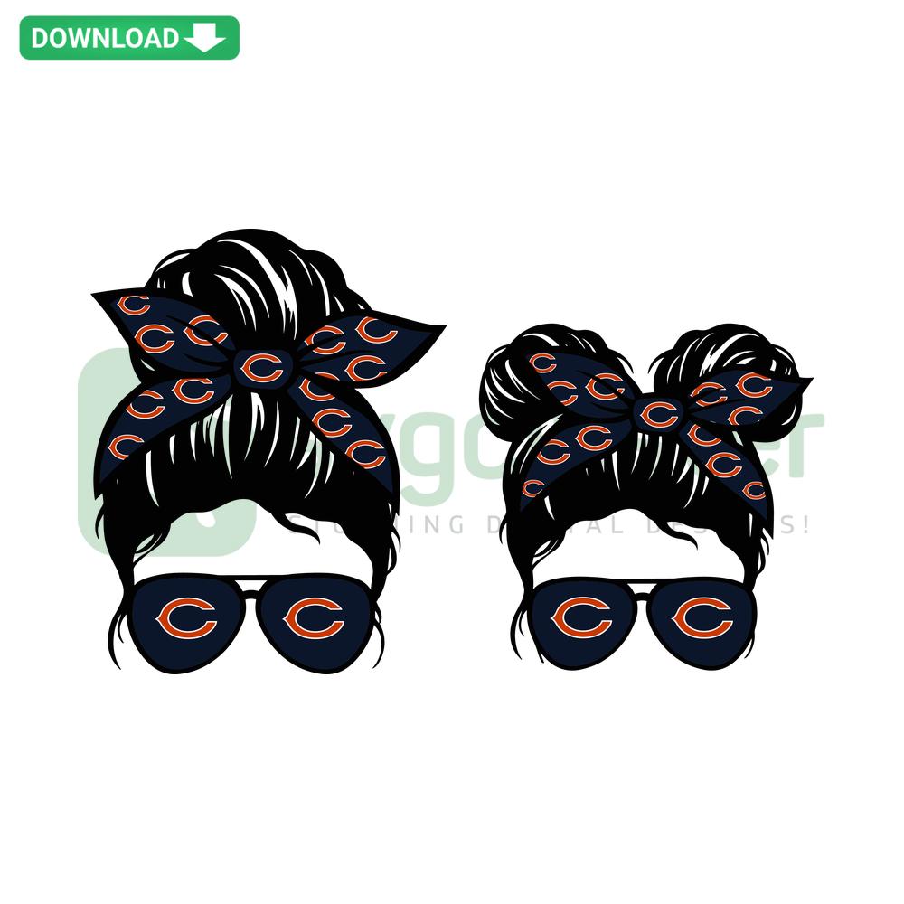 Chicago Bears Football Messy Bun Mom and Kid SVG, perfect for scrapbooking and crafting, unique sports design, mother-child bonding.