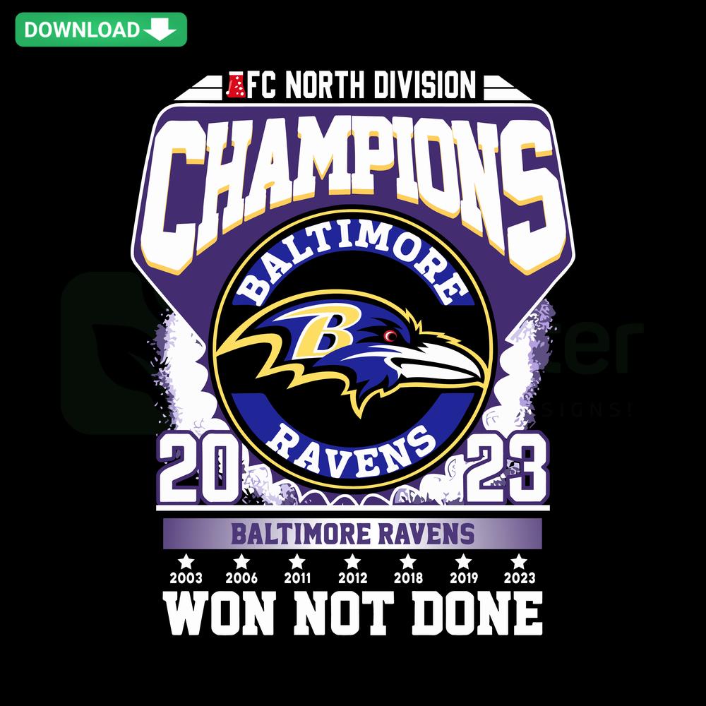 Baltimore Ravens AFC Champions 2023 Won Not Done logo SVG, editable for Cricut, bold design, purple, black and white.