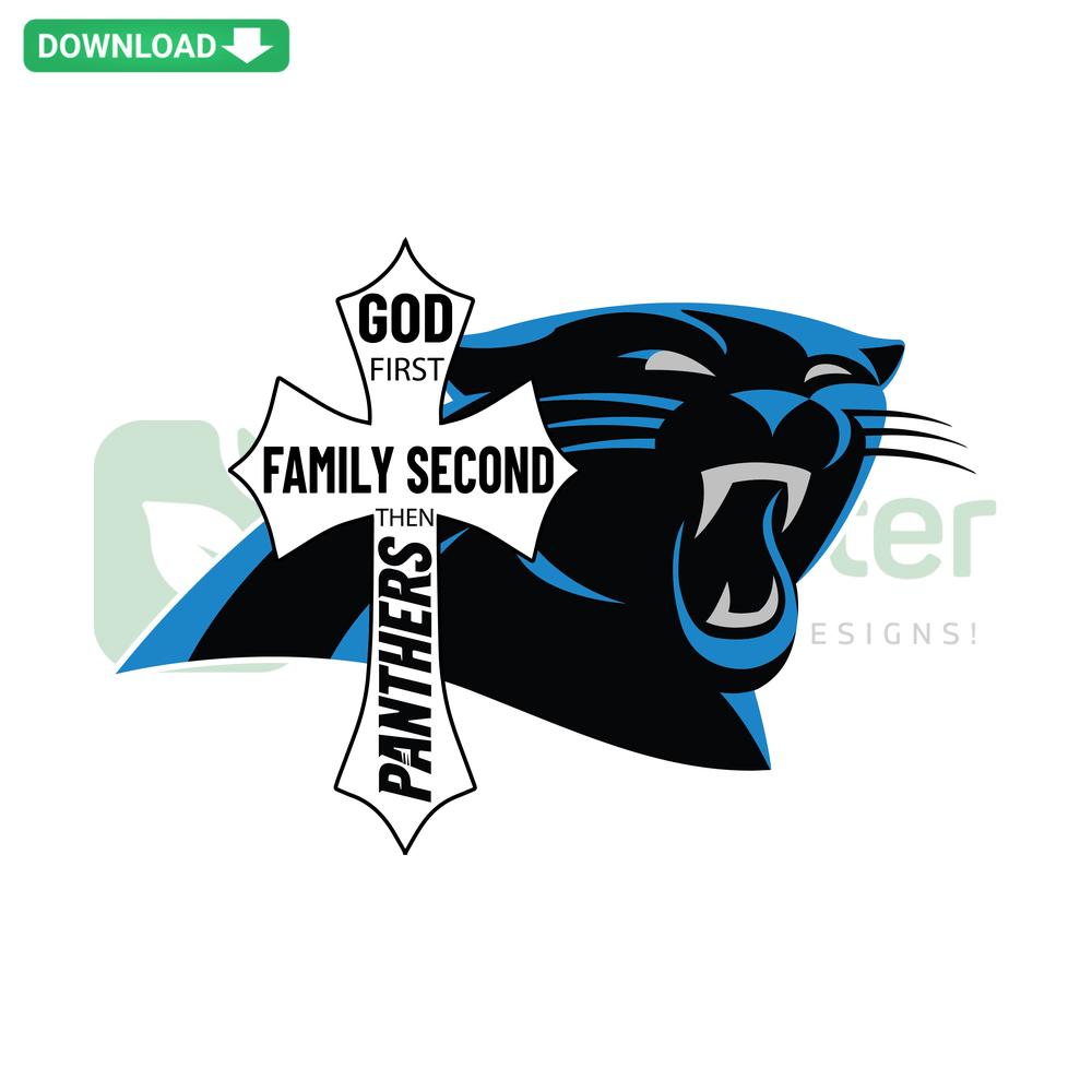 God First Family Second Then Panthers SVG design featuring bold, stylized text and decorative vector embellishments, perfect for team spirit.