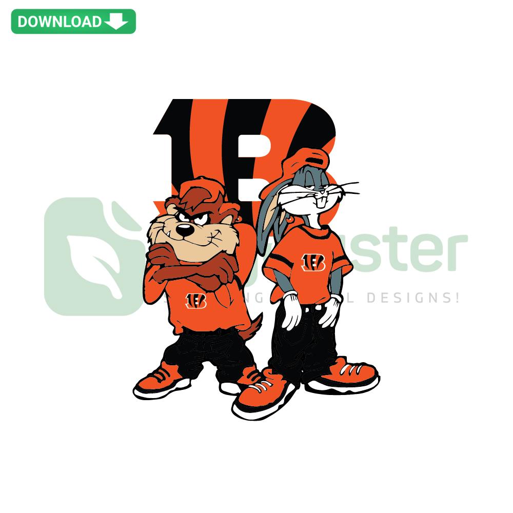 Looney Tunes characters in hip hop attire with Cincinnati Bengals logo, SVG patterns for crafting. Perfect for sports-themed projects.