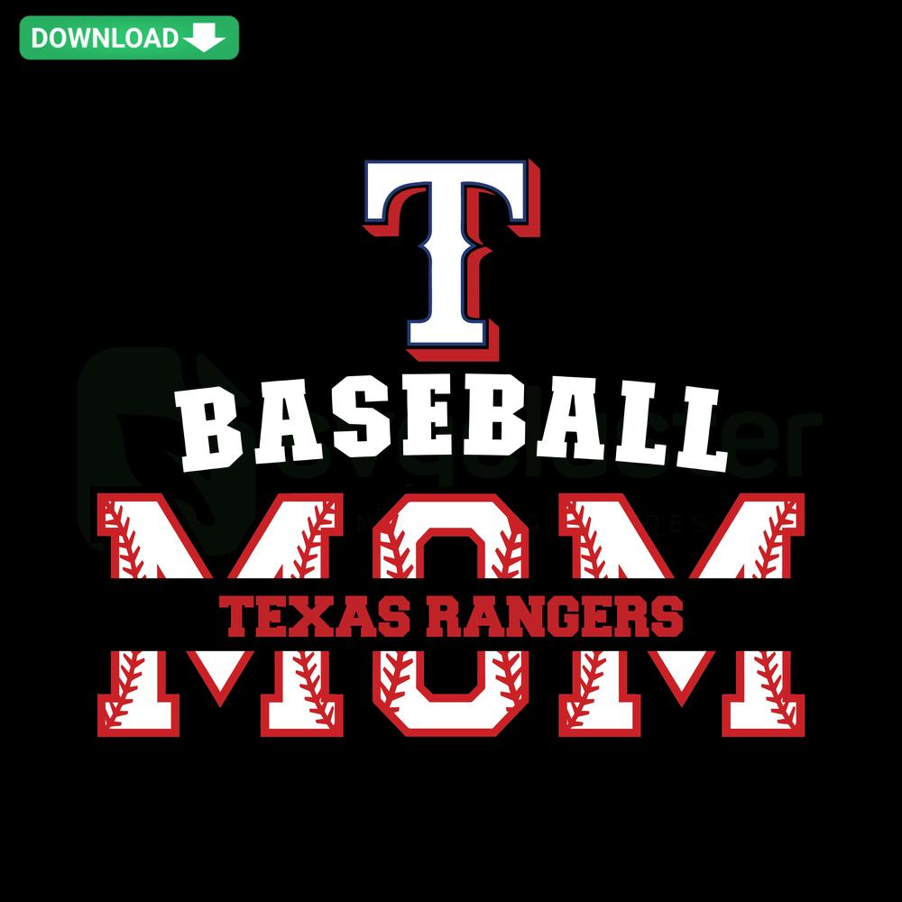 Texas Rangers Baseball Mom SVG, printable digital download featuring script typography and team colors for crafting or apparel.