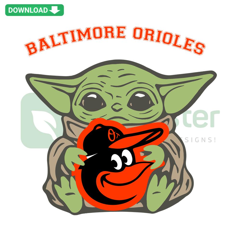 Baltimore Orioles themed Baby Yoda SVG, Cricut design featuring Baby Yoda in Orioles uniform. Digital download.