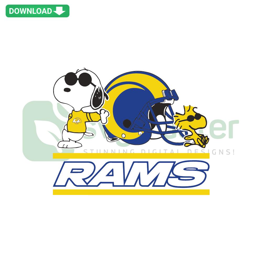 Los Angeles Rams Snoopy Woodstock SVG Template: Cute football-themed SVG for card making, featuring Snoopy and Woodstock in Rams gear.