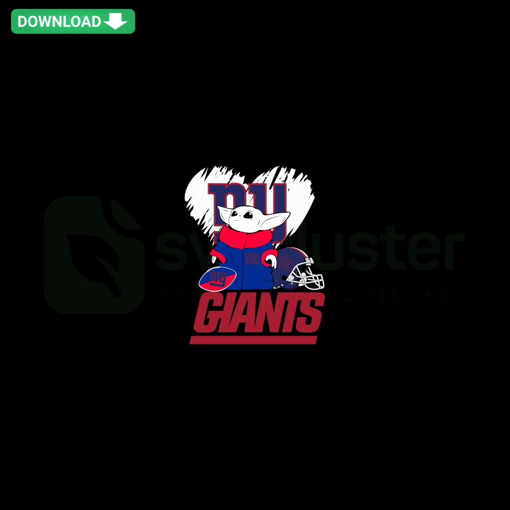 Cute Baby Yoda in New York Giants attire, holding team logo, SVG printable design for fans. Perfect for custom prints.