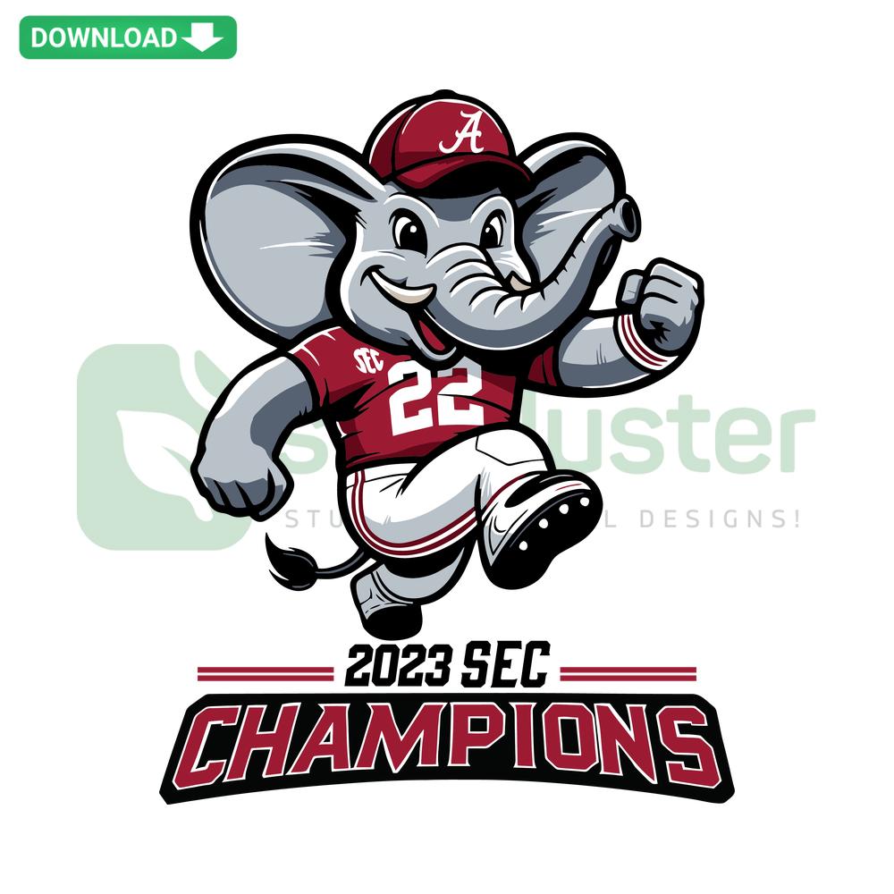 Alabama Crimson Tide 2023 SEC Champions SVG design featuring bold crimson text, high-resolution football graphic elements.