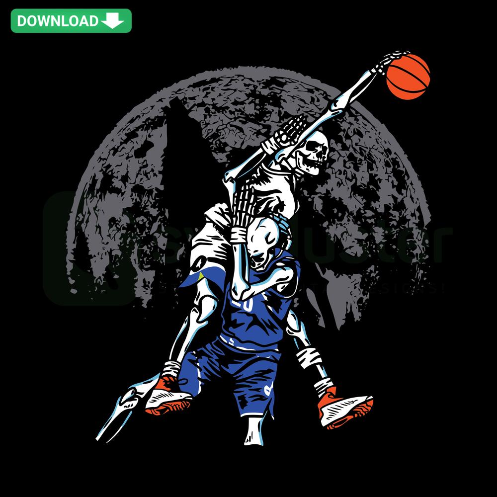 Minnesota Timberwolves Skeleton Basketball SVG design, detailed skeleton playing basketball, perfect for custom T-Shirts.