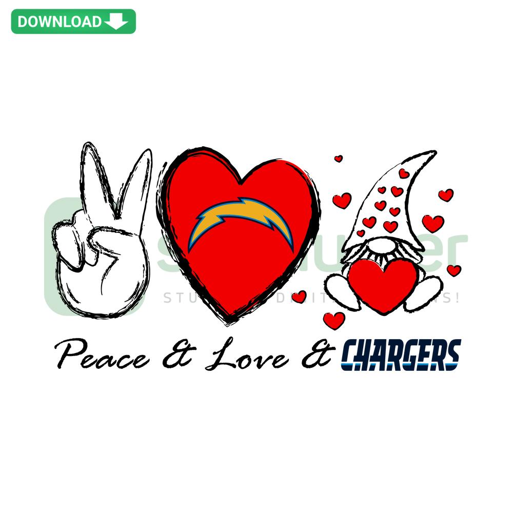 Colorful Peace Love Chargers SVG design featuring peace symbol, heart, and lightning bolt. Digital Download for designers.