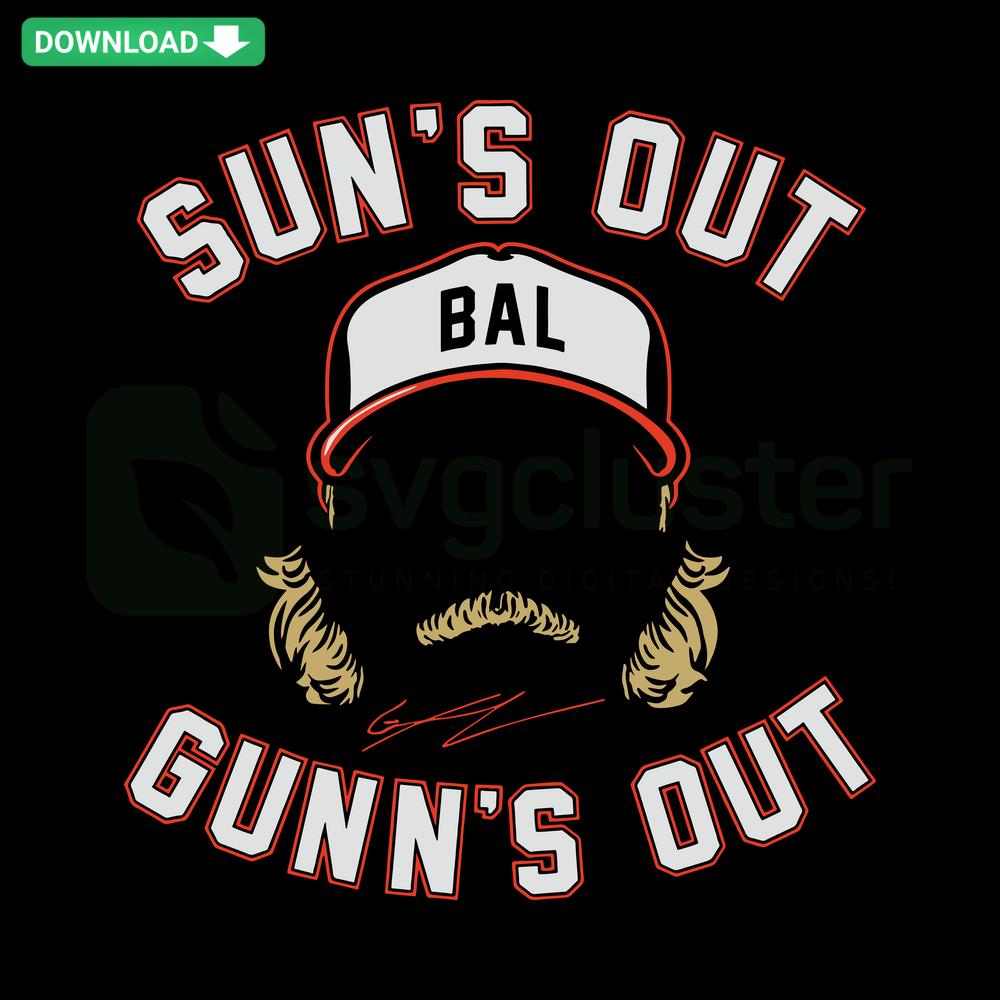 Gunnar Henderson Suns Out Guns Out Baltimore Orioles SVG, sports-themed digital design with bold text and team colors.