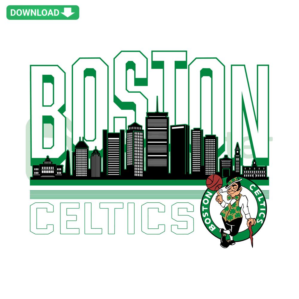 Boston Celtics Skyline Basketball Logo SVG, NBA Printable Design. Green Shamrock, Cityscape Background, Digital Download.