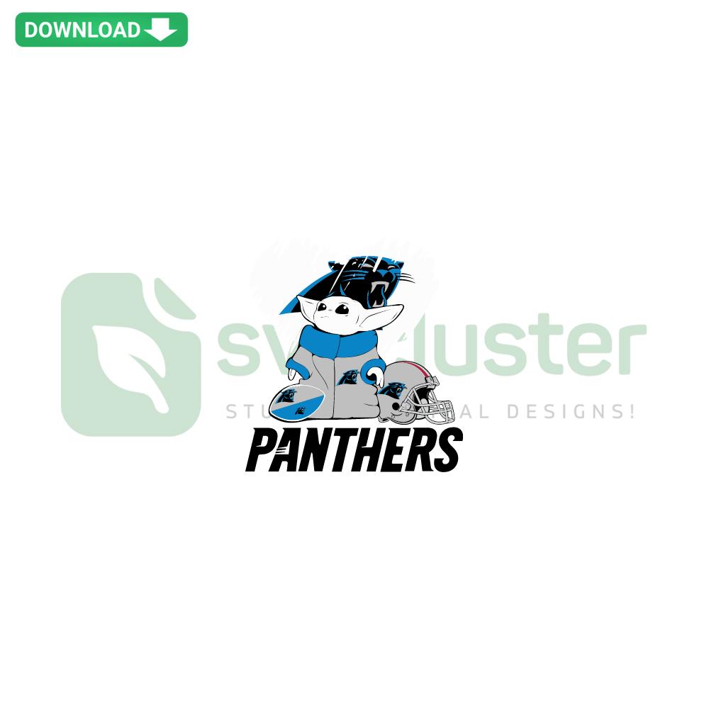 Baby Yoda holding Carolina Panthers logo, SVGCluster digital file for crafting, perfect for NFL fans and Star Wars lovers.