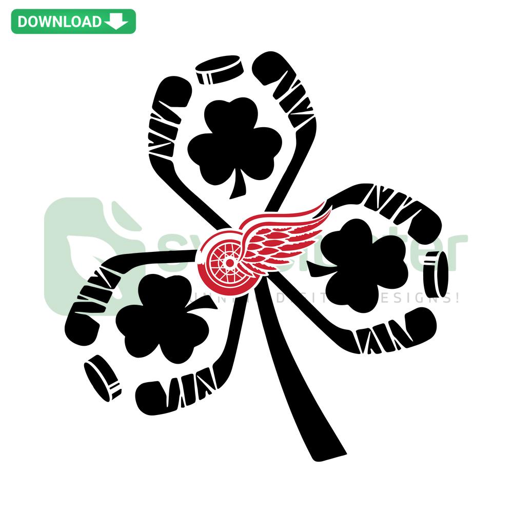 Shamrock Hockey Detroit Red Wings St Patricks Day SVG, Cricut Ready Design, Green Shamrock overlay on Red Wings Logo