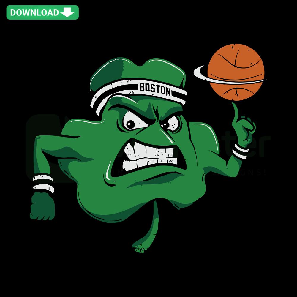 Boston Celtics Angry Mascot NBA SVG Clip Art featuring a fierce cartoon baseball with Celtic logo, perfect for sports fan designs.