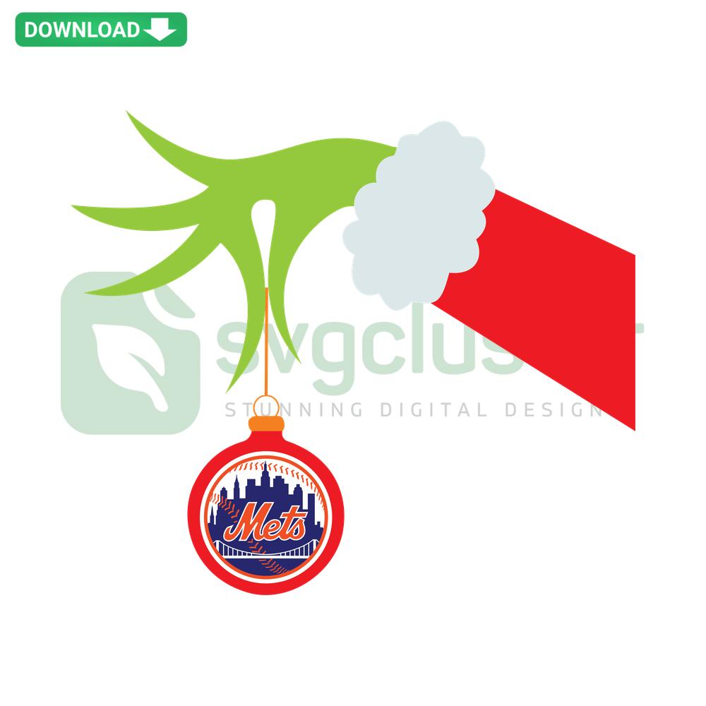 New York Mets Grinch hand holding Christmas SVG for Cricut, instant download; festive sports-themed design for crafts.
