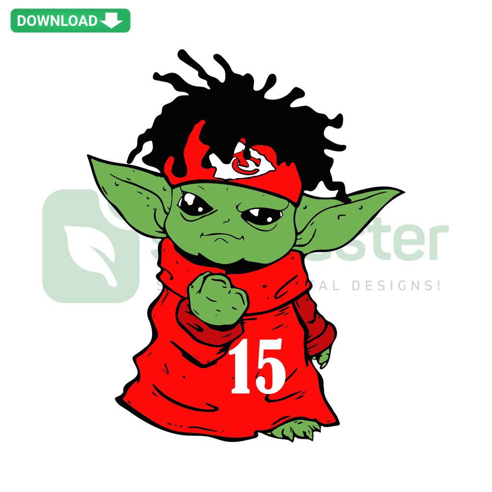 Baby Yoda wearing KC Chiefs Mahomes 15 jersey, SVG design for home decor digital download.