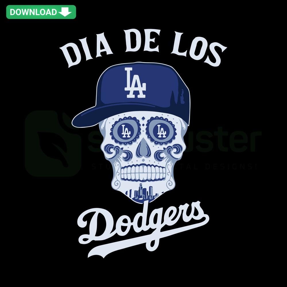 Los Angeles Dodgers Sugar Skull SVG: vibrant high-quality SVG with iconic Dodgers logo, Dia De Los Muertos design.