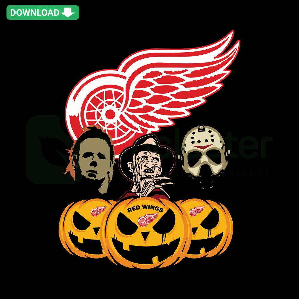 Detroit Red Wings Halloween Pumpkin SVG; horror movie-inspired design, cut file for DIY crafting, sports team-themed decoration.