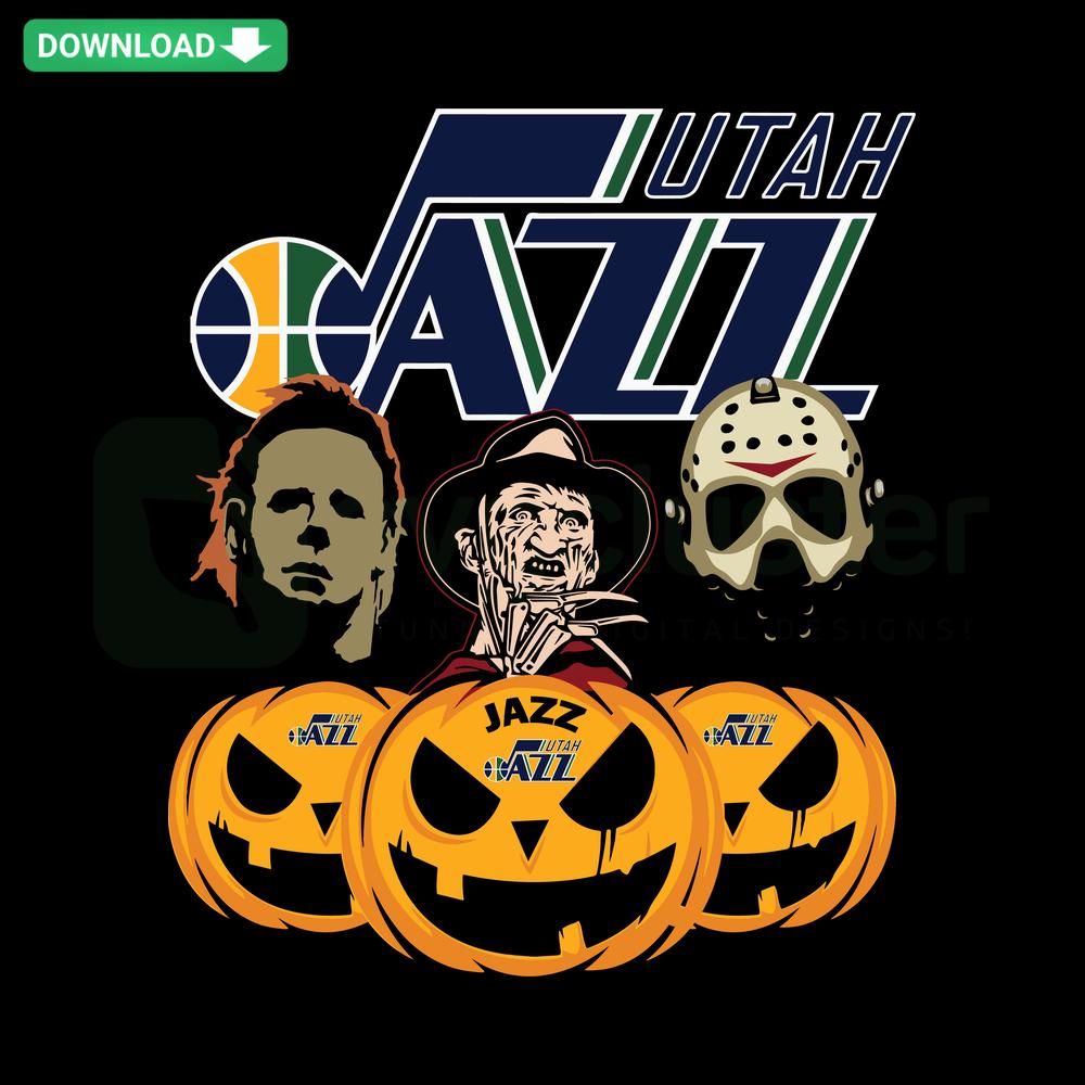 Utah Jazz Halloween Horror Movie Pumpkin SVG; spooky jack-o-lantern design with team logo; high-res digital download