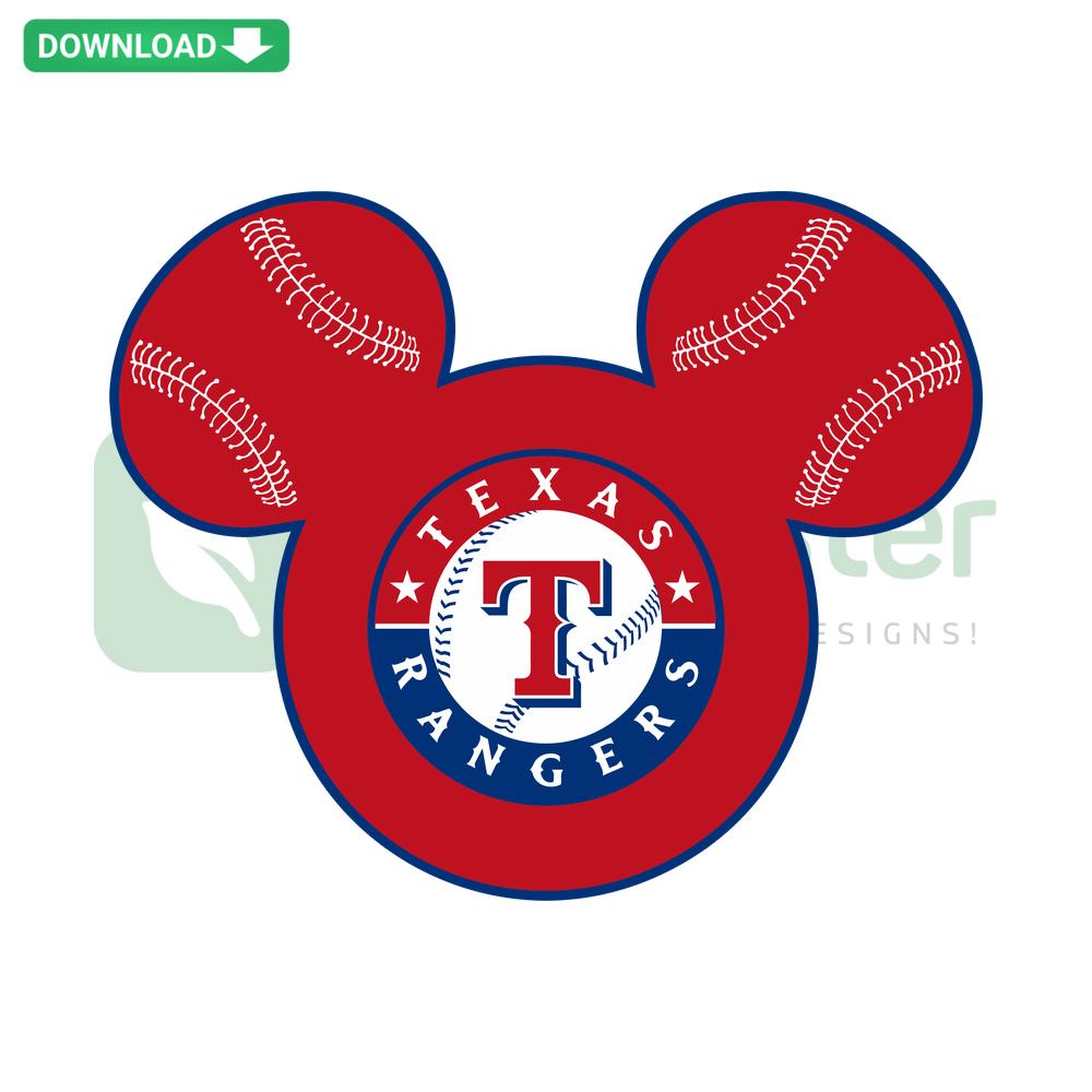 Mickey Mouse in Texas Rangers baseball uniform SVG, digital design resources, sports-themed vector for crafting and apparel.