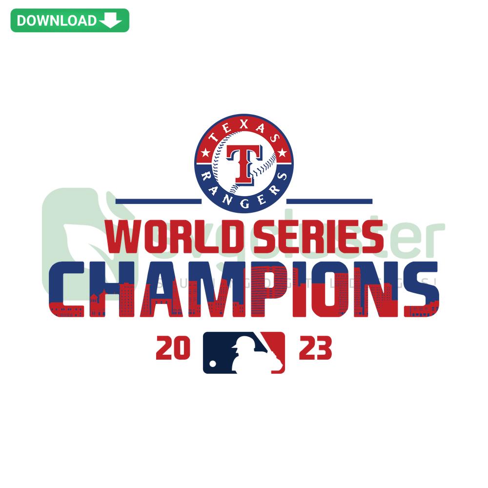 Rangers World Series 2023 Champions SVG design with team logo, baseball elements; instant digital download for crafts, apparel.