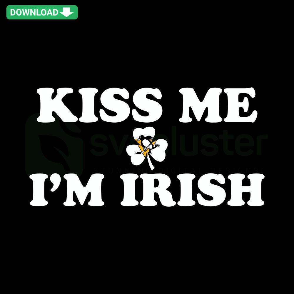 Kiss Me I'm Irish Pittsburgh Penguins SVG featuring clover, penguin logo, perfect for St. Patrick's Day sports merchandise.