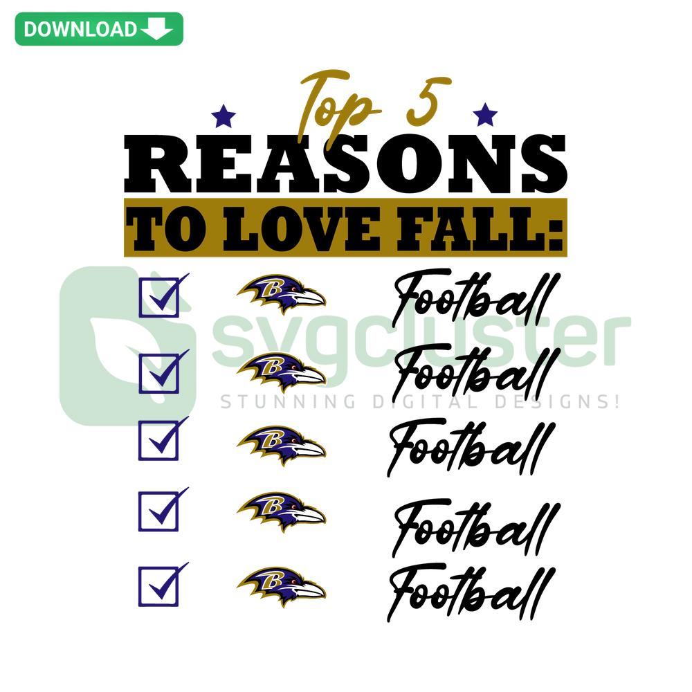 Top 5 Reasons To Love Fall Baltimore Ravens SVG: Stylish T-shirt design featuring Ravens logo, autumn icons, and trendy text