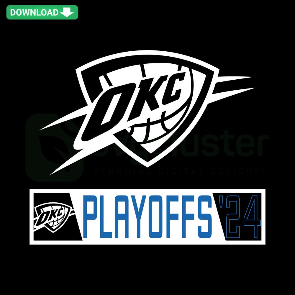 Oklahoma City Thunder 2024 Playoffs Logo SVG, featuring dynamic basketball and team's iconic colors, ideal for printable designs.