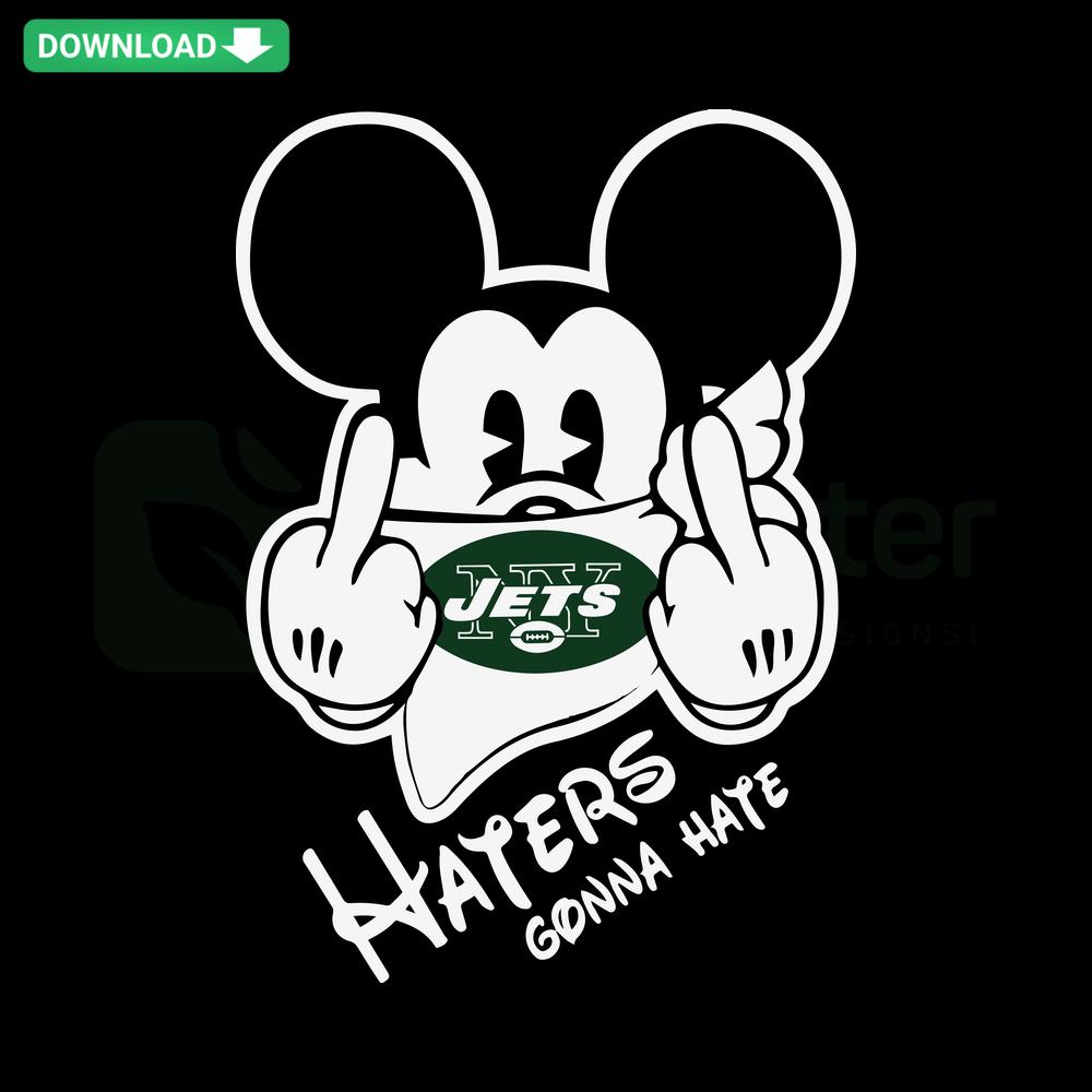 Mickey Mouse silhouette in green, black, and white with New York Jets logo and phrase Haters Gonna Hate for SVG Cricut designs.