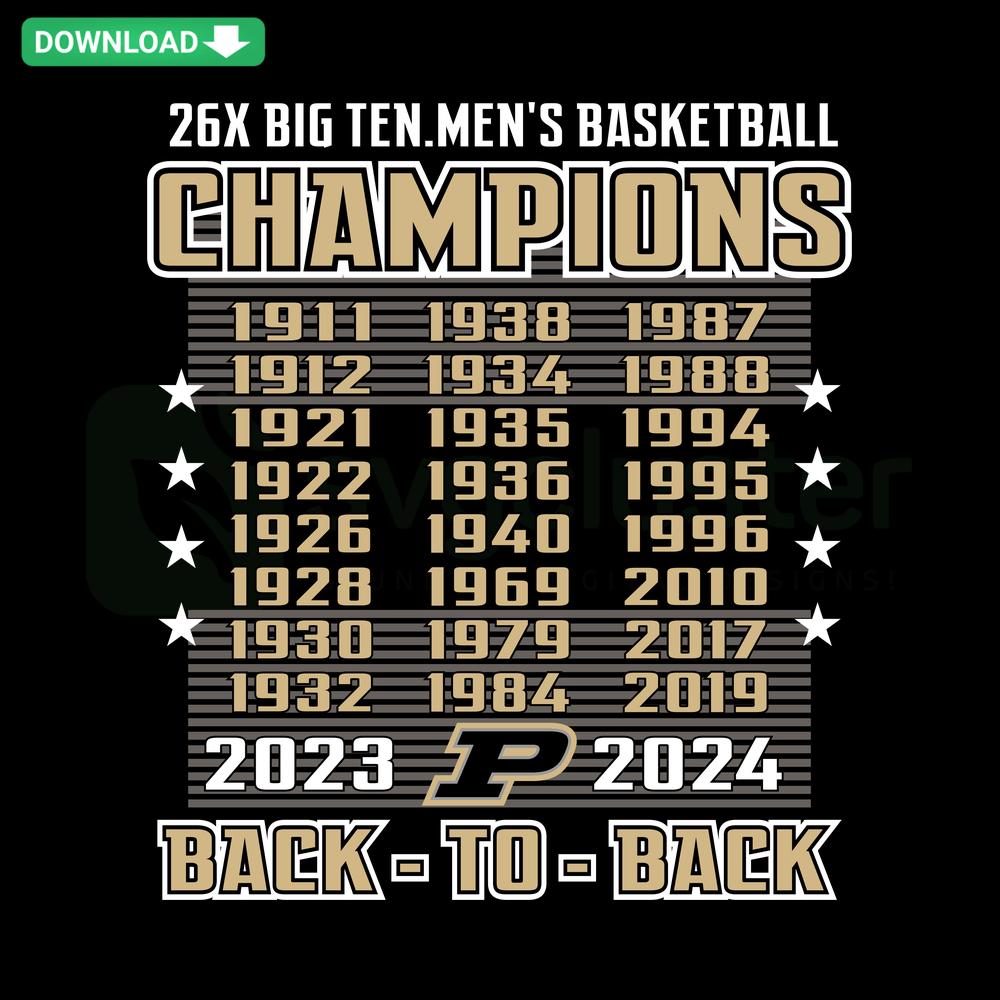 26X Big 10 Basketball Champions, Back-to-Back Purdue Boilermakers SVG Collection, dynamic trophy and team colors design.