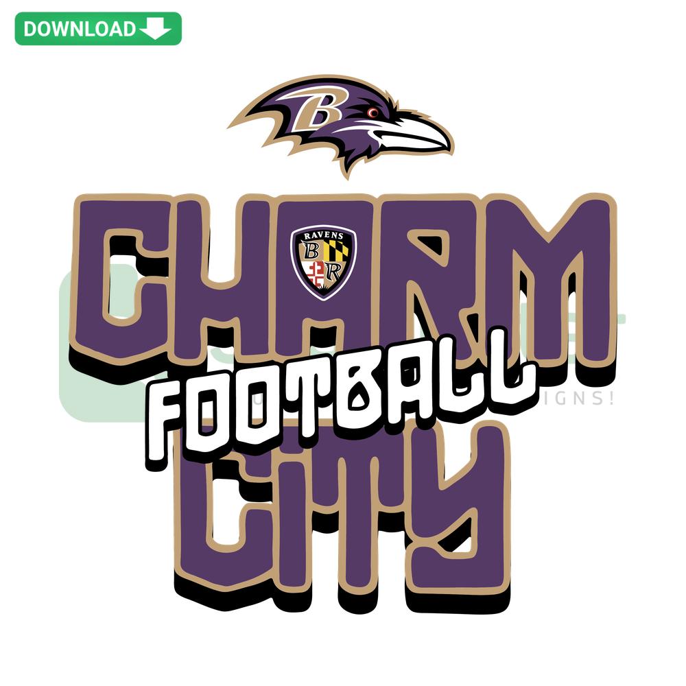 Baltimore Ravens SVG; Football-themed digital download featuring Charm City text, high-res logo; perfect for craft projects.
