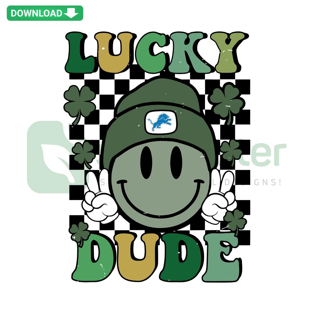 Happy Face Lucky Dude Detroit Lions SVG, featuring a cartoon lion with a four-leaf clover hat, perfect for crafting projects.