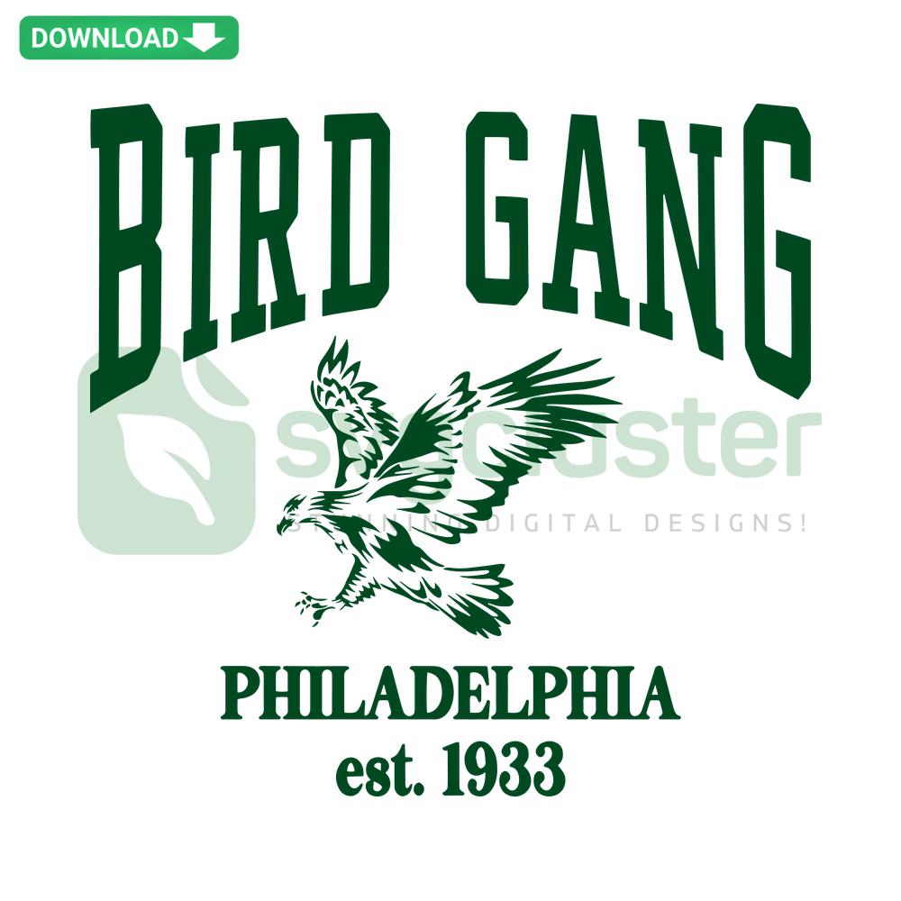 Philadelphia Eagles Bird Gang SVG, editable file; features bold eagle logo, text overlay, perfect for fan crafts and apparel design.