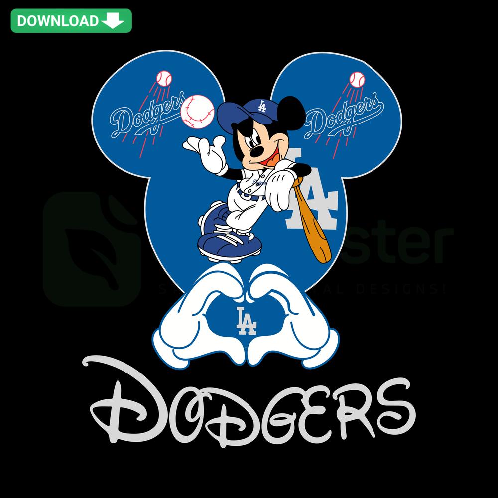 Disney Mickey Mouse Dodgers Heart SVG design for Cricut; features iconic Disney character and Dodgers team logo in heart shape.