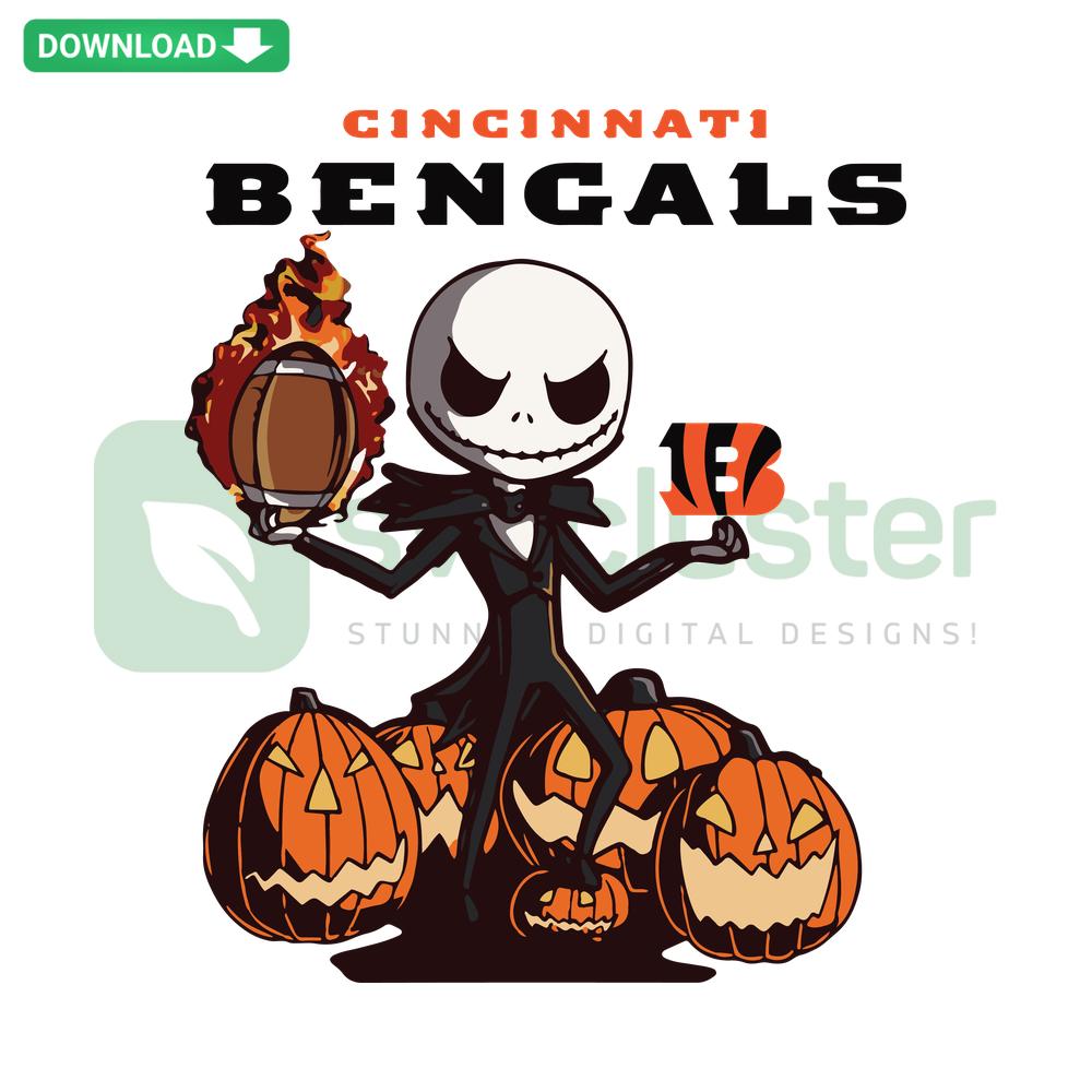 Cincinnati Bengals Jack Skellington Halloween SVG design featuring Jack in Bengals attire, ideal for printable crafts and decorations.
