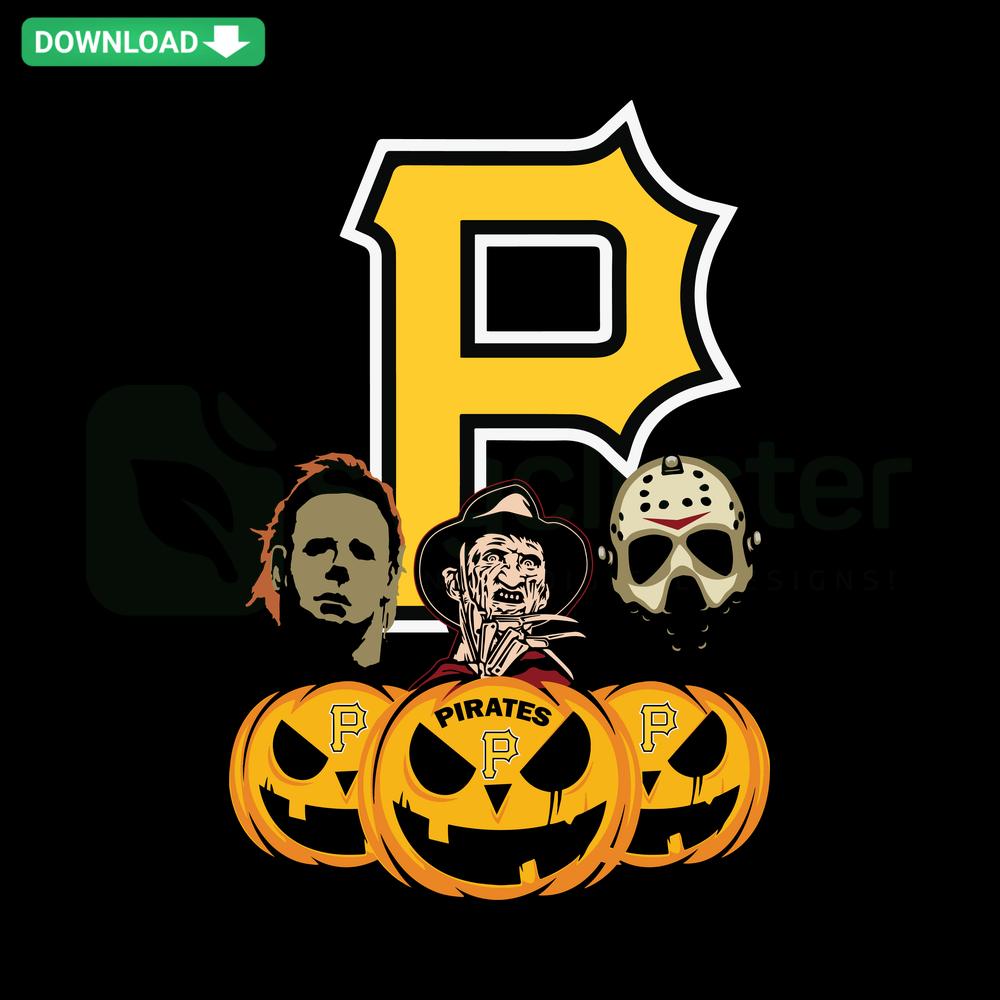 Pittsburgh Pirates Halloween pumpkin SVG, horror movie theme, Cricut ready; features team logo with spooky accents for crafting.