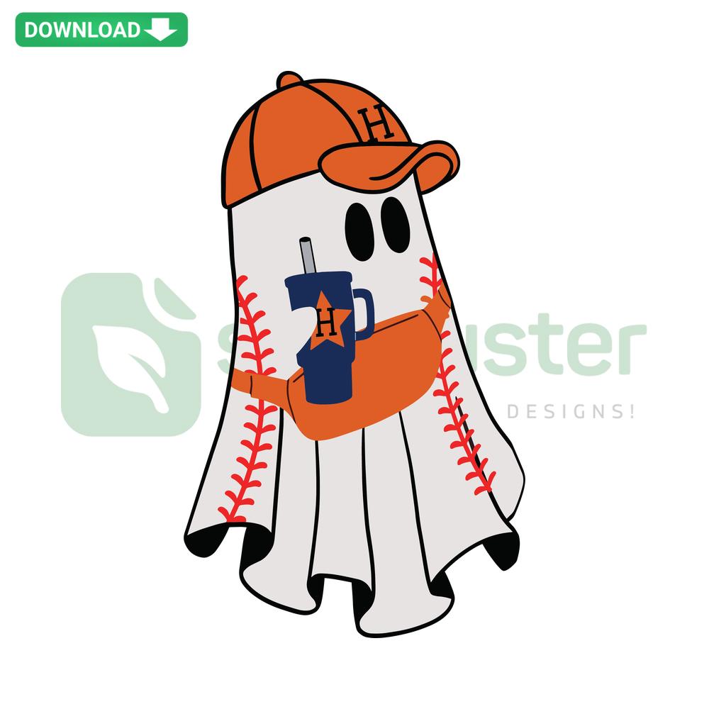 Astros Halloween Baseball Boujee Stanley Ghost SVG File, festive ghost in baseball cap, instant download for designers.