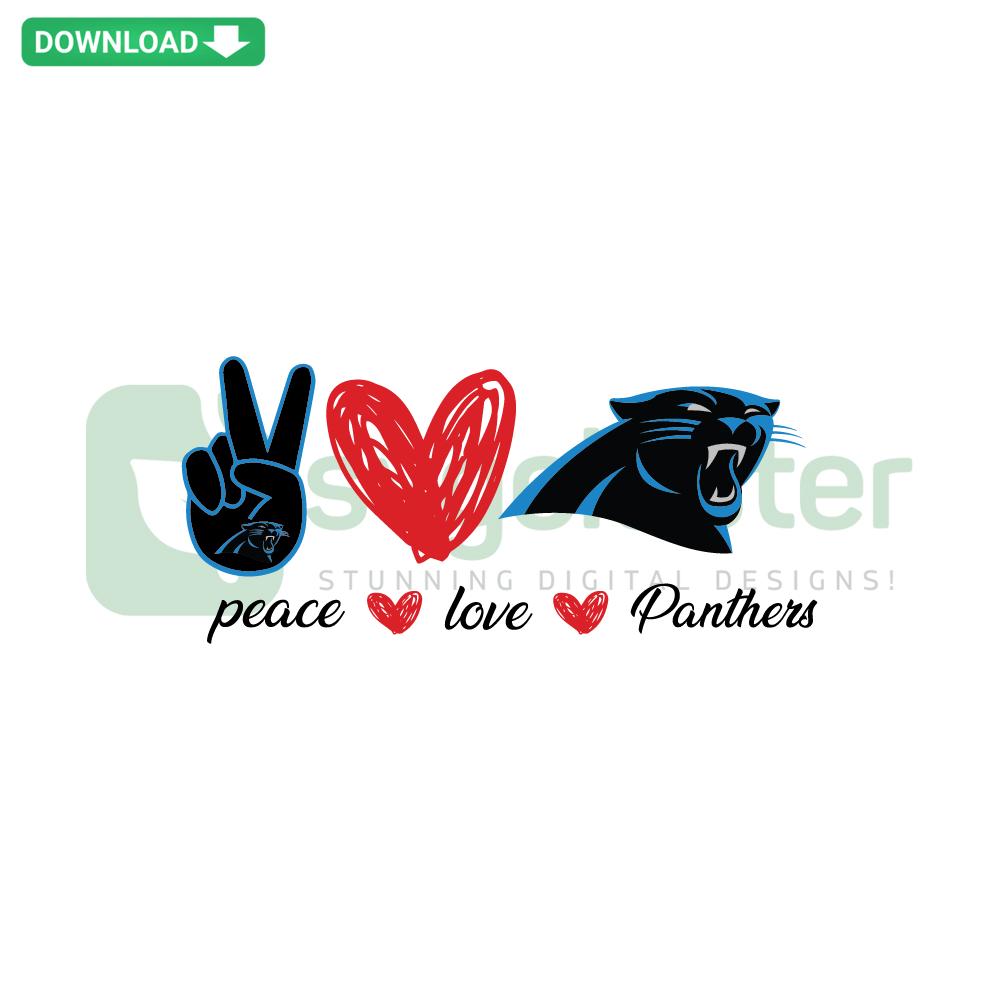 Carolina Panthers Peace Love SVG, featuring peace sign, heart, Panthers logo, perfect for crafting and sports-themed designs.