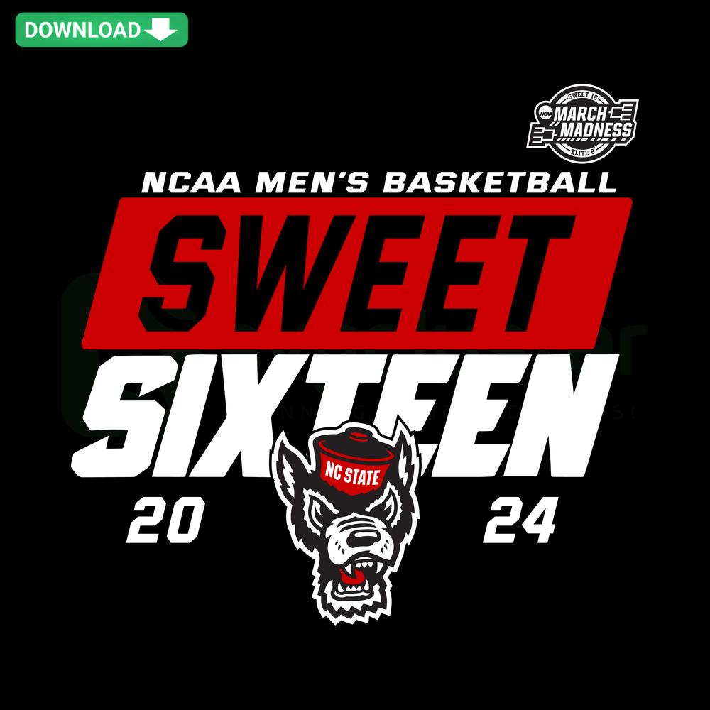 NC State Wolfpack 2024 Sweet 16 NCAA SVG, Premium Designer SVG File with Bold Red Wolf Logo and Text Elements.